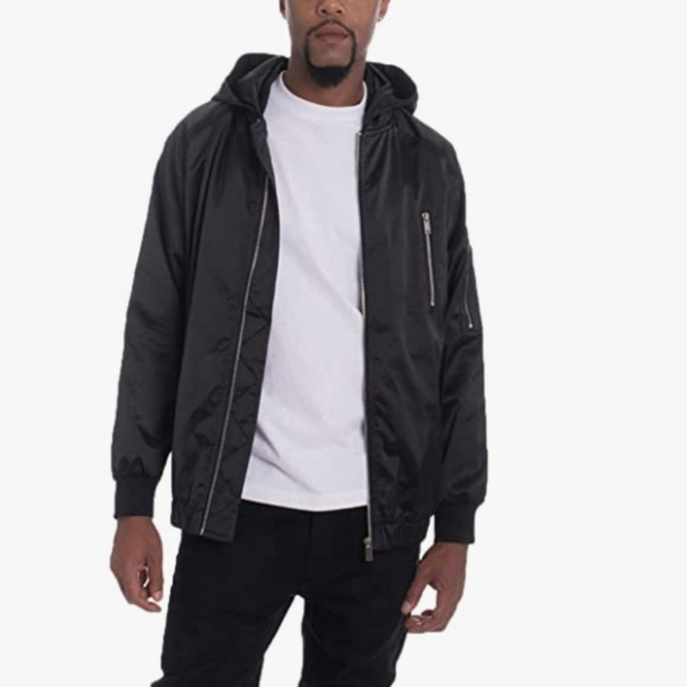 NWT WEIV LA Black Bomber Zip Hoodie Satin Jacket S